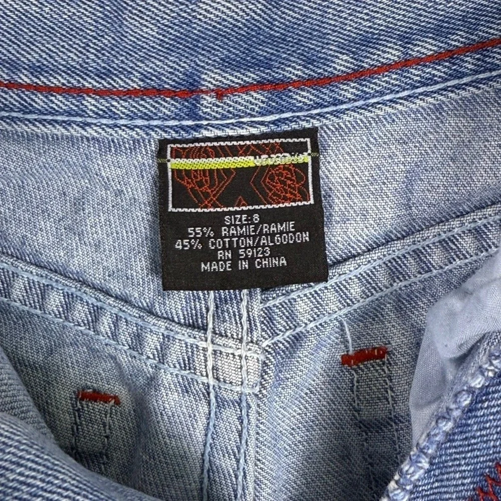Street Property Denim Shorts Size‎ 8 Light Wash Red Stitching Patches